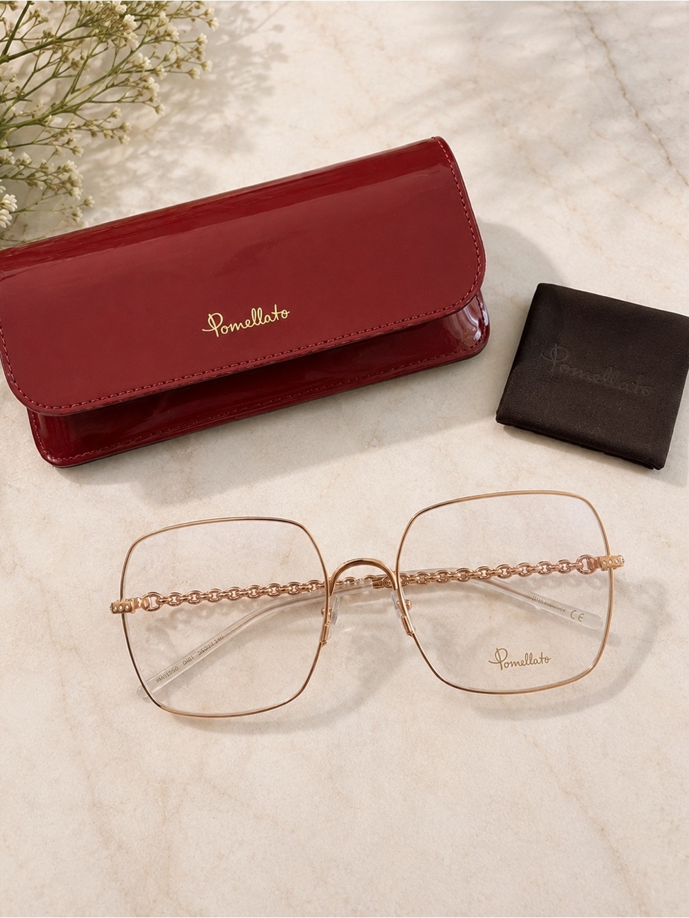 Pomellato PM0105O Square Optical Glasses Rose Gold Chain Detail Frames NWT Italy
